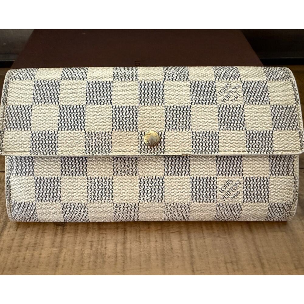 Louis Vuitton Damier Azur Canvas Checkered Wallet in Cream and Blue